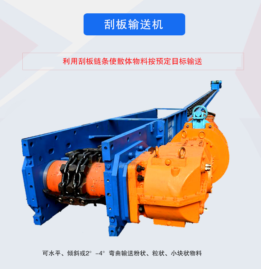 刮板輸送機采用刮板鏈牽引，可水平或傾斜輸送散狀物料，輸送距離長、密封性好無粉塵污染，功率消耗小